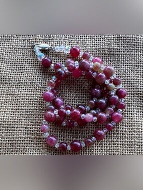 Natural Pink Tourmaline 8mm Bead necklace & Crystal spacers